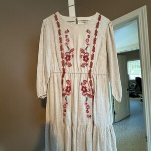 Roolee Beige Dress with Red Floral Embroidery